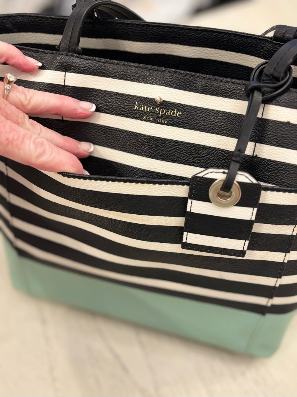 Kate Spade New York Black & White Striped Tote with Mint Trim - Picture 3 of 15